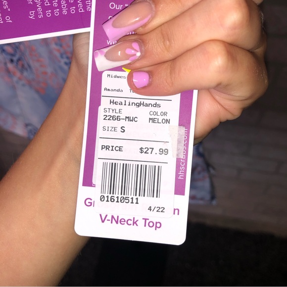 Healing Hands Purple Label Grosgrain Ribbon V-neck blue coral Scrub top - Picture 6 of 9